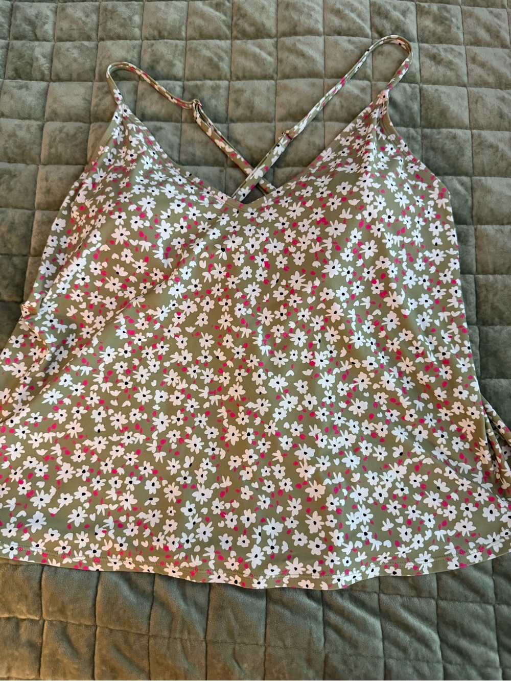 Floral Spaghetti Strap V-Neck  Tankini - Olive with White & Pink Flowers